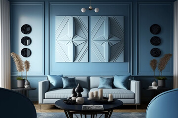 A luxurious living room with a comfortable sofa and blue wall. Generative AI interior