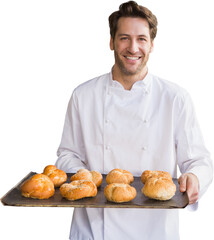 Portrait of male chef holding tray with bread