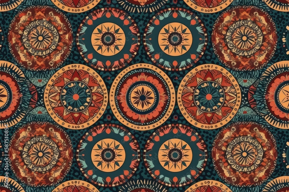 Poster vibrant abstract pattern featuring circles and stars. generative ai