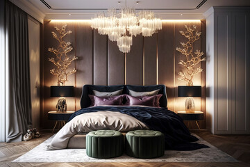 Luxurious bedroom features stylish furniture. Generative AI illustration