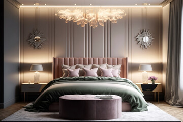 Luxurious bedroom features stylish furniture. Generative AI illustration