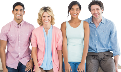 Smiling colleagues standing and posing in a line