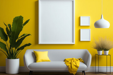 Living room with empty blank picture frame mockup in scandinavian style with yellow wall. Generative AI interior concept