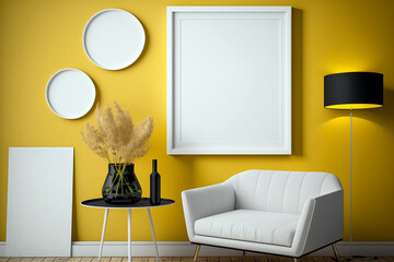 Yellow living room with empty blank picture frame mockup in scandinavian style. Generative AI interior concept