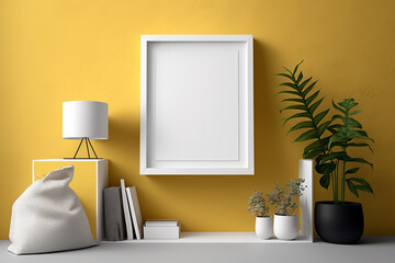 Yellow living room with empty blank picture frame mockup in scandinavian style. Generative AI interior concept