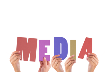 Colorful alphabet spelling media held up by people 