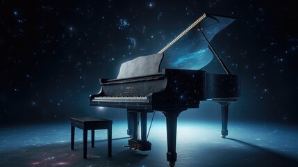Piano with the universe as a background. Created with generative AI. - obrazy, fototapety, plakaty