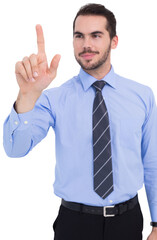 Happy businessman standing and pointing up
