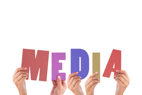 Colorful alphabet spelling media held up by people 