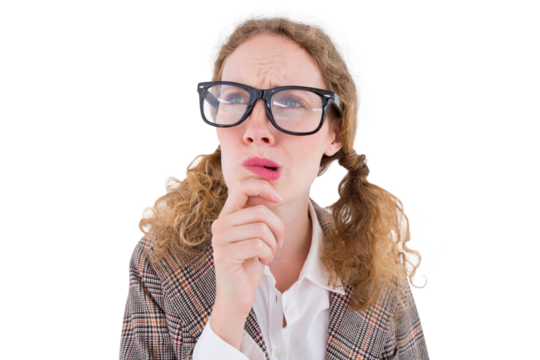 Geeky hipster woman thinking with hand on chin