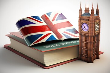 Fototapeta na wymiar Studying and learn English concept. Book with flag of Great Brit generative ai