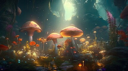 Fototapeta na wymiar mushroom growing in a magical forest. Created with Generative AI.