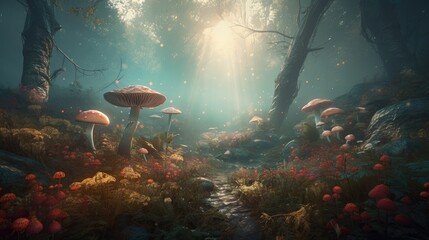 Fototapeta na wymiar mushroom growing in a magical forest. Created with Generative AI.