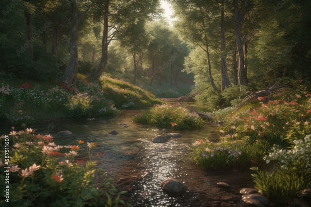 Sticker serene river flowing through a lush green forest in a painting. Generative AI