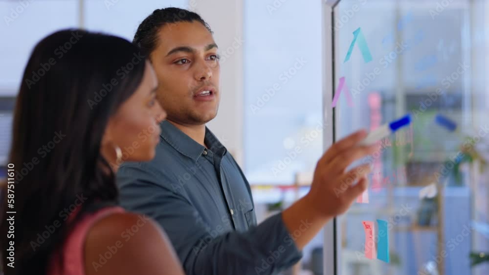 Poster solution, brainstorming and business people in office for schedule, agenda or planning on sticky not