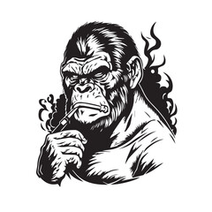 Cool smoking gorilla mascot holding cigarette. Black white line art tattoo vector illustration