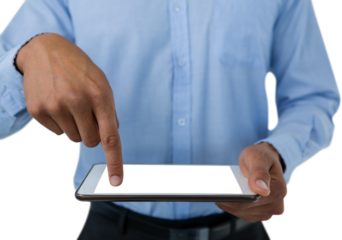 Mid section of businessman pointing on tablet computer