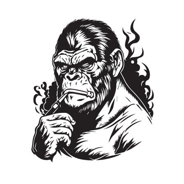 Cool smoking gorilla mascot holding cigarette. Black white line art tattoo vector illustration