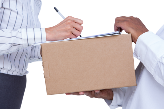 Man taking signature on document from businesswoman