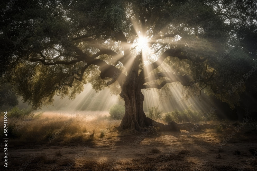 Poster sunlight filtering through the branches of a majestic tree. generative ai