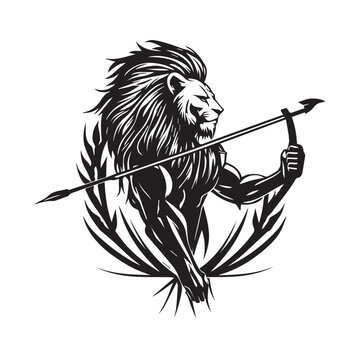 recommend clip art: Angry face mascot lion king holding spear sword weapon. black white line art vector illustration