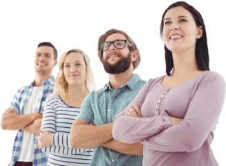 Smiling business people standing in row with arms crossed 