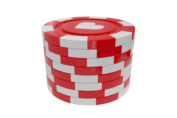 3D image of red gambling chips with hearts symbol
