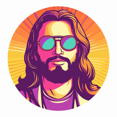 90s retro design of Jesus wearing sunglasses, radian background. Easter concept art.