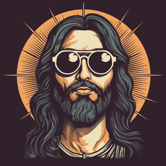 90s retro design of Jesus wearing sunglasses. Easter concept art.
