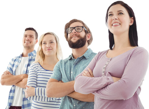 Smiling business people standing in row with arms crossed