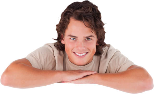 Smiling man leaning on a whiteboard