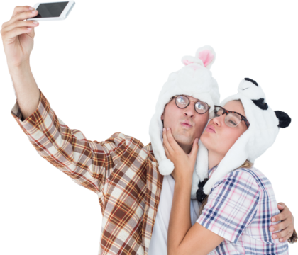 Geeky hipster couple taking selfie with smart phone 