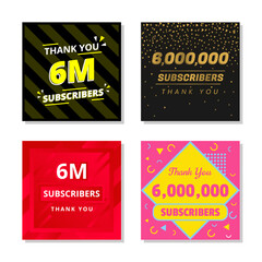 Thank you 6m subscribers set template vector. 6000000 subscribers. 6m subscribers colorful design vector. thank you six million subscribers