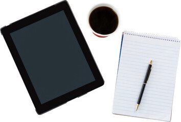 Digital tablet, notepad, pen and coffee cup