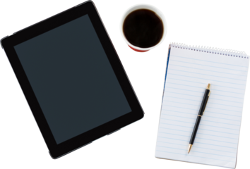 Digital tablet, notepad, pen and coffee cup