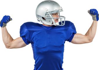American football player flexing muscles