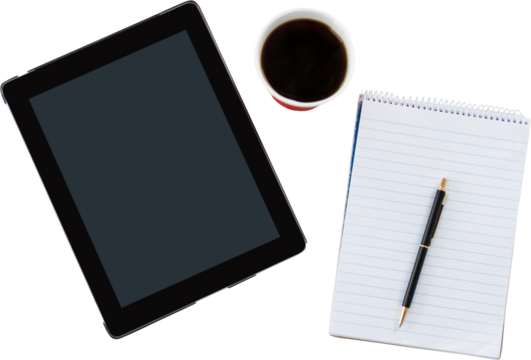 Digital tablet, notepad, pen and coffee cup