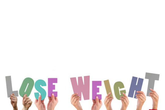 Hands holding colorful words lose weight