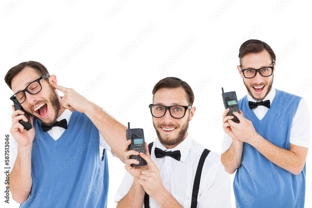 Poster multiple image of man talking and showing mobile phone