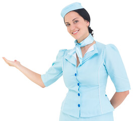 Pretty air hostess presenting with hand - Powered by Adobe