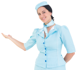 Pretty air hostess presenting with hand