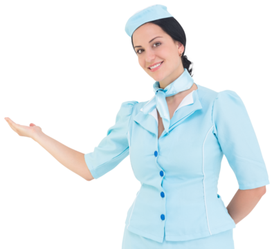 Pretty air hostess presenting with hand