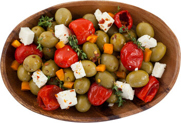 Olives with chili pepper and cheese served in bowl