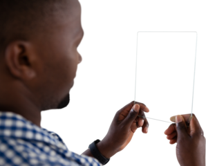 Close up of businessman holding glass transparent interface