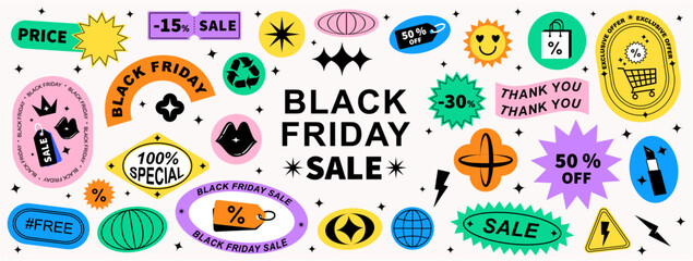 Set of cool trendy sale stickers for business. Black Friday sale. Geometric elements for a store sale, online promotion or social media posts. Brutalism aesthetic. - Powered by Adobe