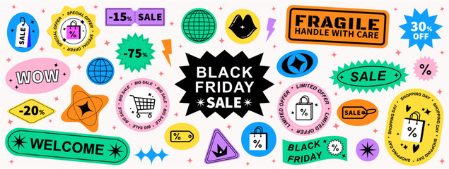 Set of cool trendy sale stickers for business. Black Friday sale. Geometric elements for a store sale, online promotion or social media posts. Brutalism aesthetic.