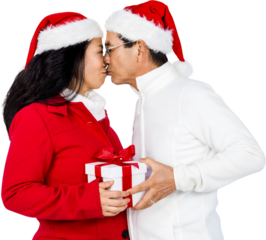 Festive senior couple exchanging gifts