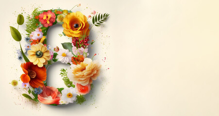 Fototapeta na wymiar Number 8 made of flowers and petals on white empty wide background for banner mothers day, International Women's Day background with paper flowers and copy space, Generative AI