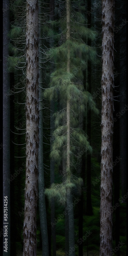 Poster forest tree trunks and dwarf conifers in a vertical view. generative ai