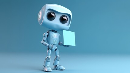 Cute Cartoon robot holding a Blank Sign. Created with Generative AI.